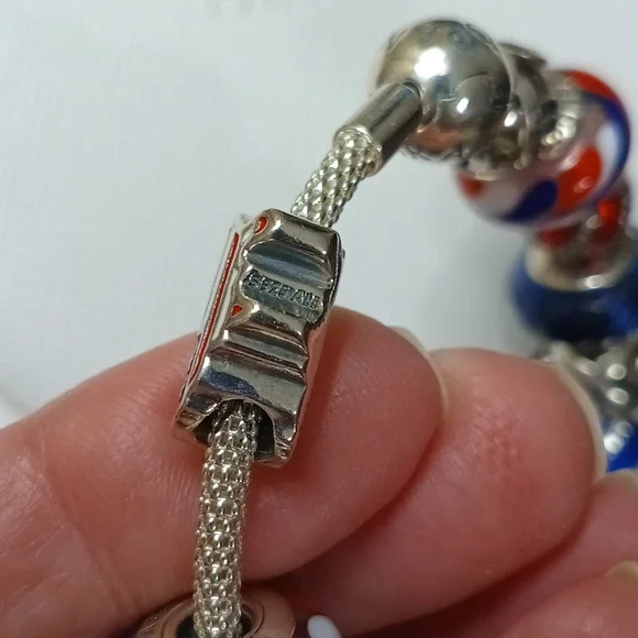 Pandora Vintage Stirling Silver Red White And Blue Mesh Bracelet - Picture 7 of 9